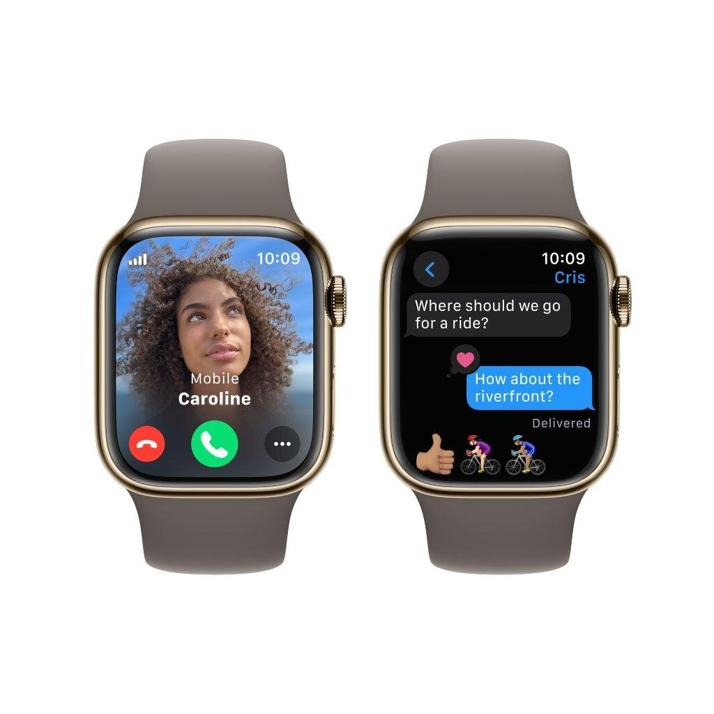 Dwa Apple Watche: jeden z rozmową wideo, drugi z wiadomościami tekstowymi, oba na białym tle.
