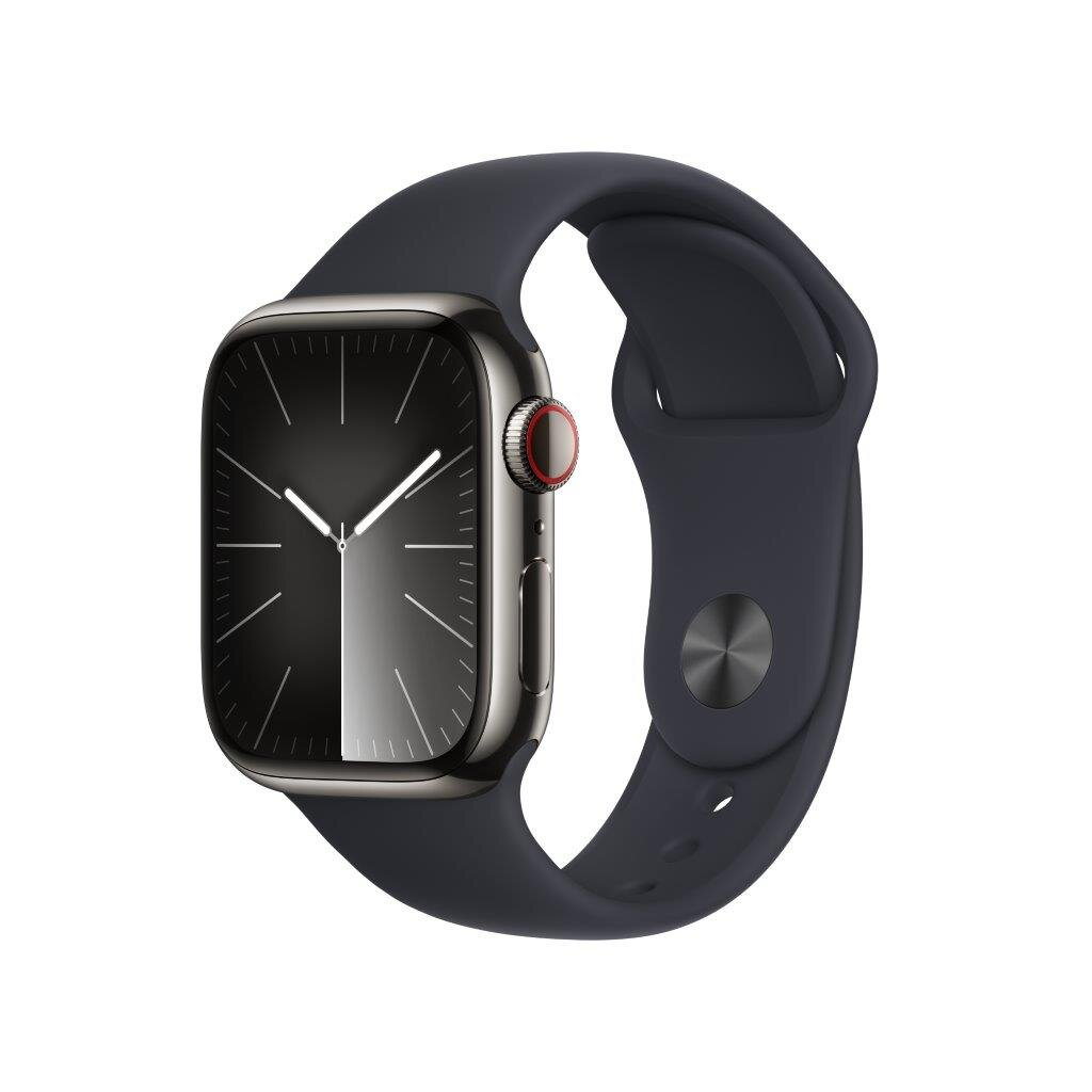 Ciemnoszary Apple Watch z czarnym ekranem i granatowym paskiem, srebrna koperta i czerwony przycisk.