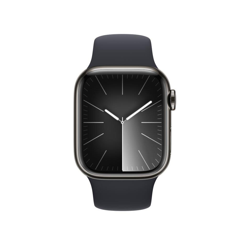 Srebrny Apple Watch z czarną tarczą i ciemnoszarym paskiem.