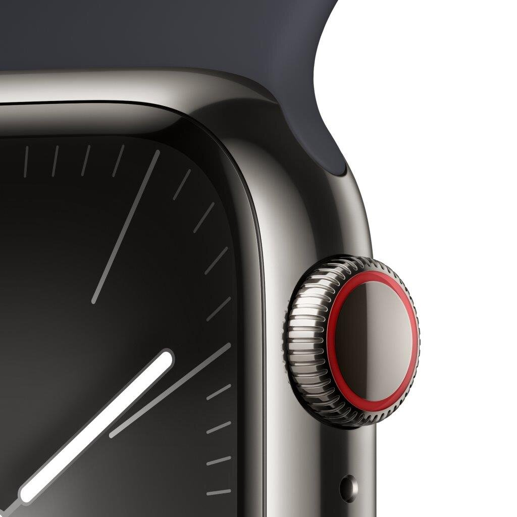 Zbliżenie Apple Watch z czarnym ekranem i czerwonym przyciskiem.