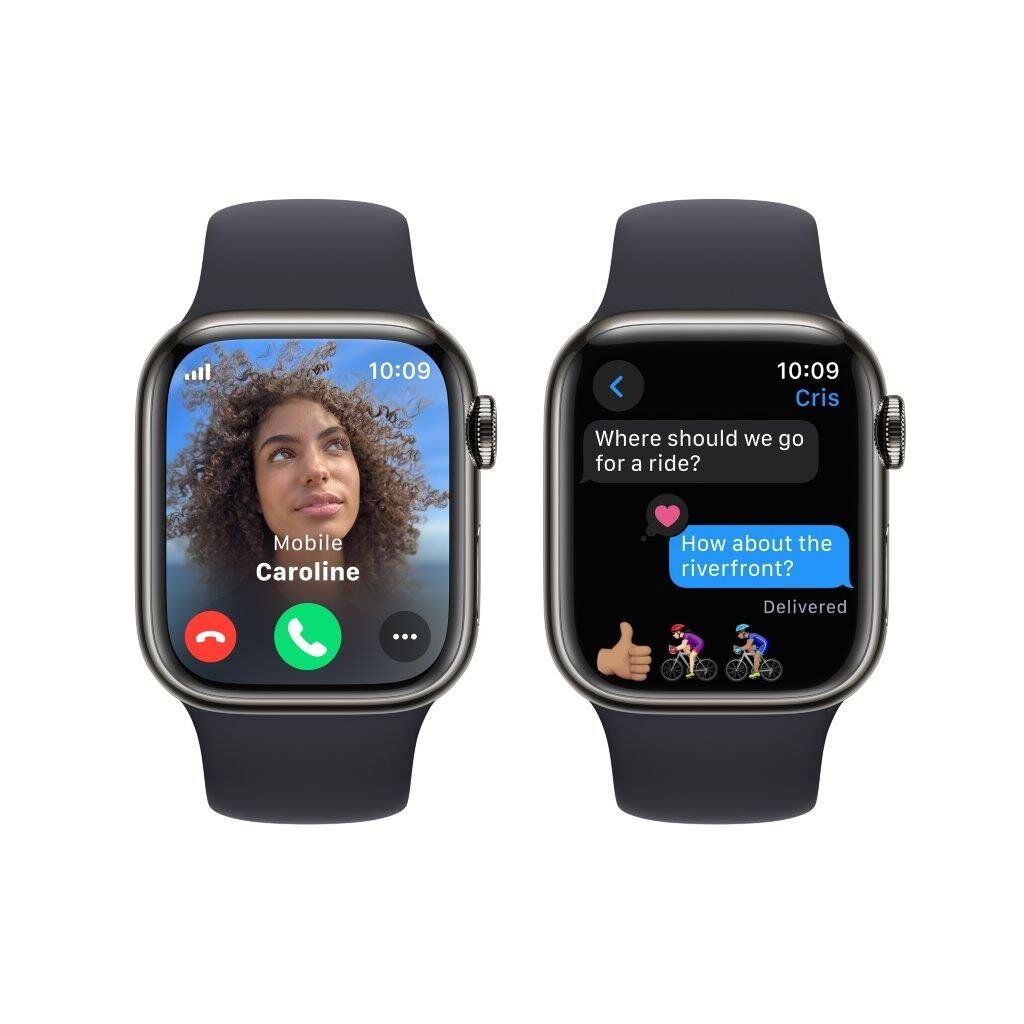 Dwa Apple Watche pokazujące różne ekrany. Jeden z połączeniem, drugi z tekstami.