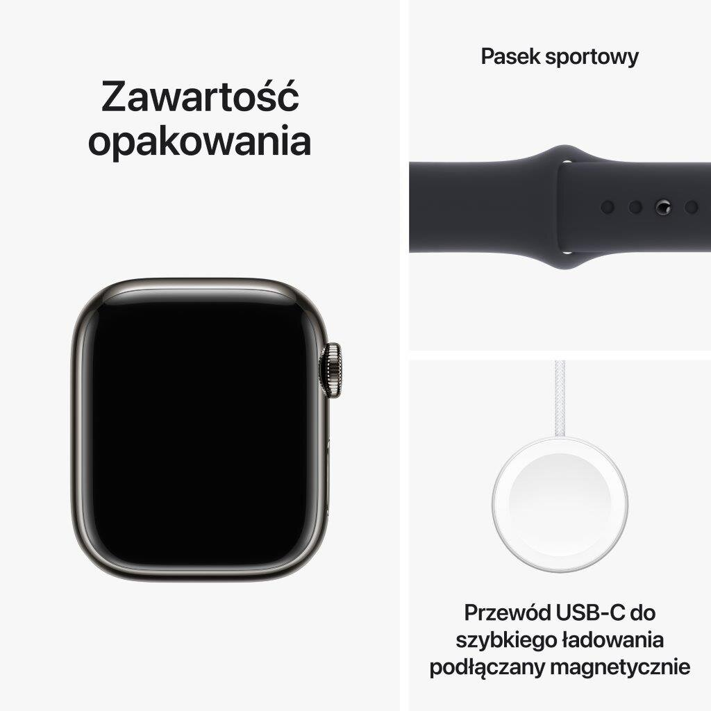 Apple Watch i akcesoria: pasek sportowy i magnetyczny kabel ładujący USB-C, wszystko wyświetlane po polsku.