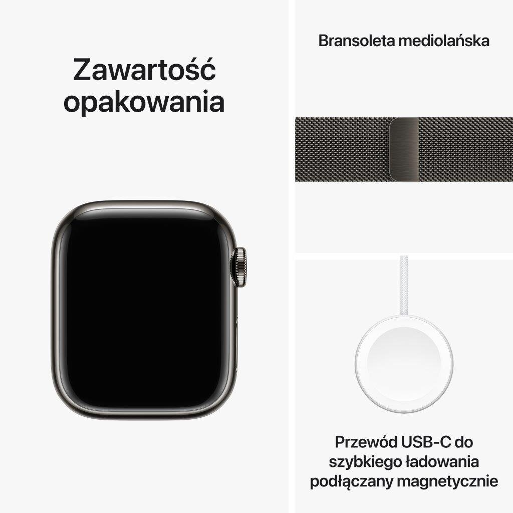 Smartwatch APPLE Watch Series 9 GPS + Cellular Koperta 41mm ze stali nierdzewnej w kolorze mocnego grafitu z bransoletą mediolańską w kolorze mo