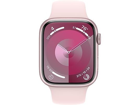 APPLE Watch Series 9 (GPS, Alu) 45 mm - Smartwatch (M/L 160-210 mm, Fluoroélastomère, Rose/Rose clair)