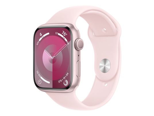 APPLE Watch Series 9 (GPS, alluminio) 45 mm - Smartwatch (S/M 140-190 mm, fluoroelastomero, rosa/rosa chiaro)