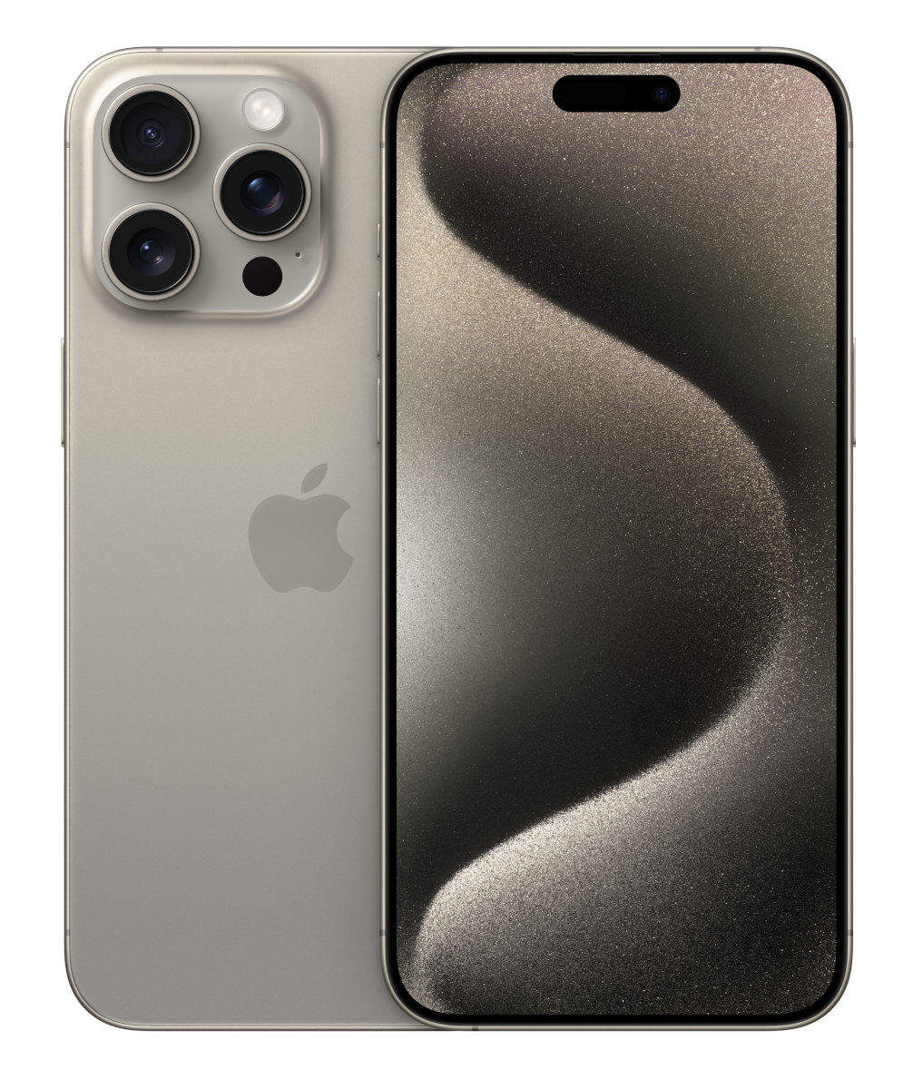 Srebrny iPhone 15 Pro z trzema tylnymi aparatami i czarnym ekranem z abstrakcyjnym obrazem.