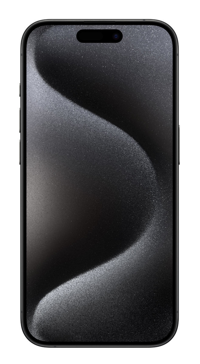 Czarny iPhone z błyszczącym, falistym wzorem na ekranie, na białym tle.