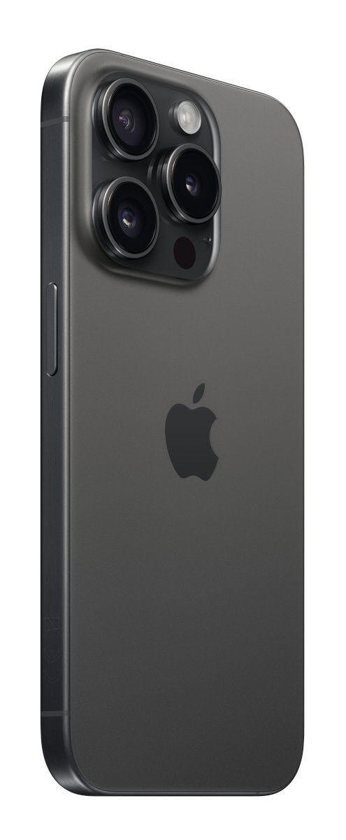 Ciemnoszary iPhone z trzema aparatami, widok z boku na białym tle.