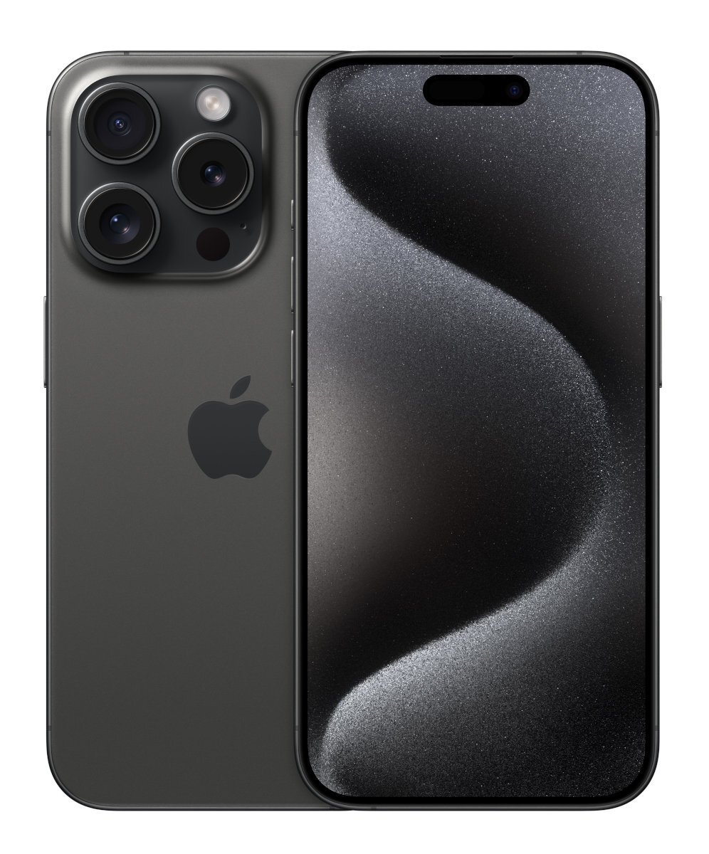 Czarny telefon z logo Apple na plecach. Widoczne są trzy kamery. Ekran jest czarny i ma zakrzywioną konstrukcję.