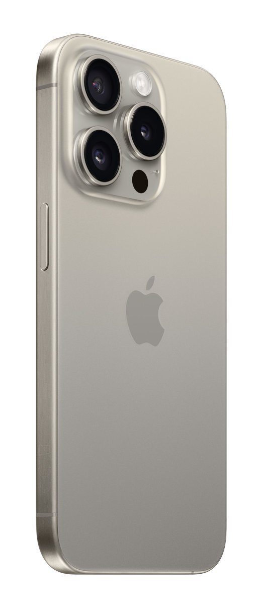 Widok z boku złotego iPhone'a, pokazujący wypukłość aparatu z trzema obiektywami.