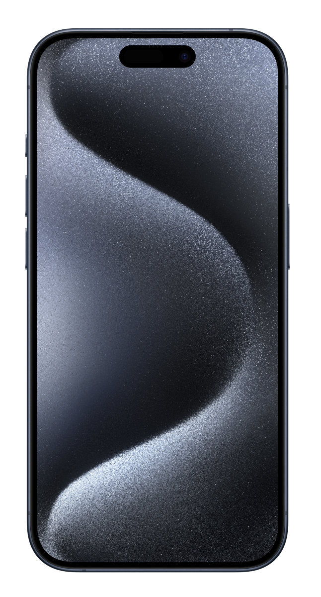 Czarny smartfon, ekran z falistym wzorem. Widok z przodu, izolowany na białym tle.