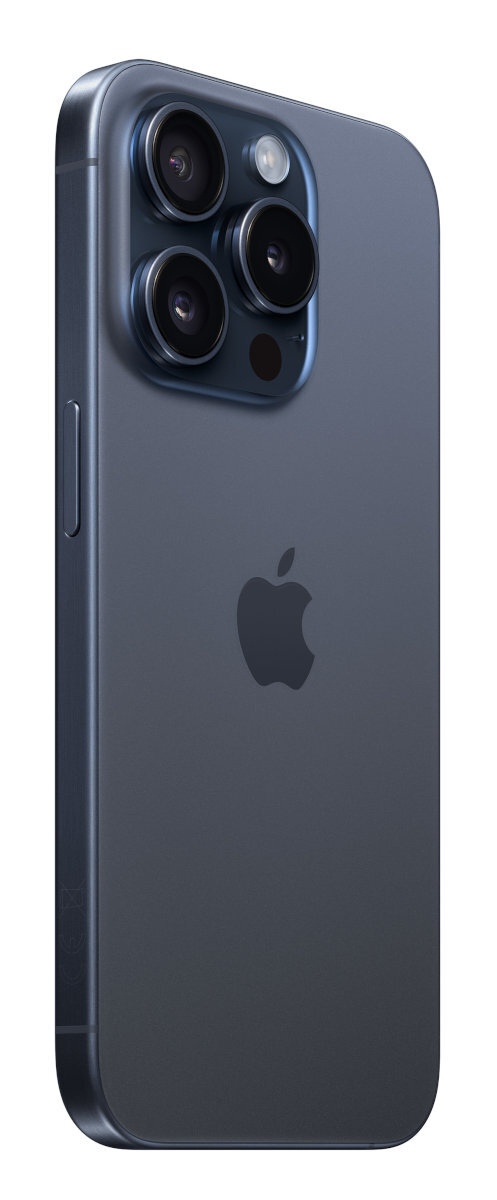 Widok z tyłu ciemnoniebieskiego iPhone'a z trzema aparatami i logo Apple.