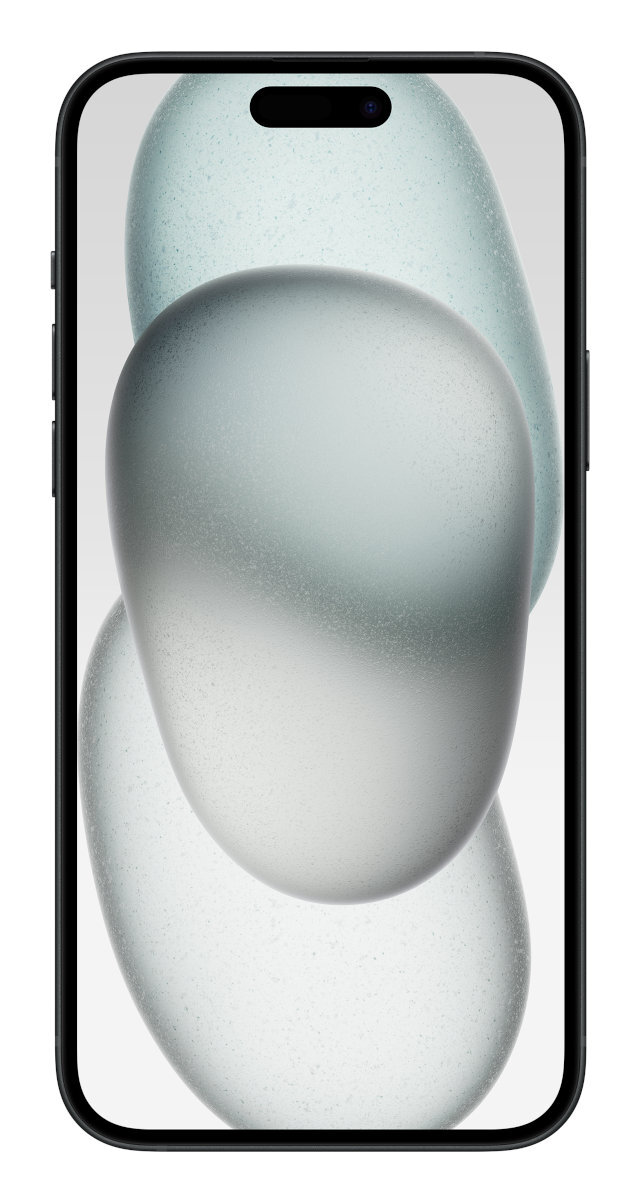 Czarny smartfon z abstrakcyjnymi, jasnymi, przypominającymi plamy kształtami na ekranie. Białe tło.