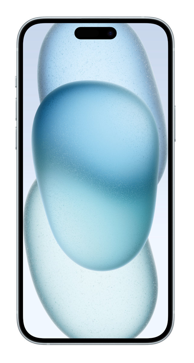 Ekran smartfona wyświetla niebieskie abstrakcyjne kształty na białym tle, telefon srebrny.