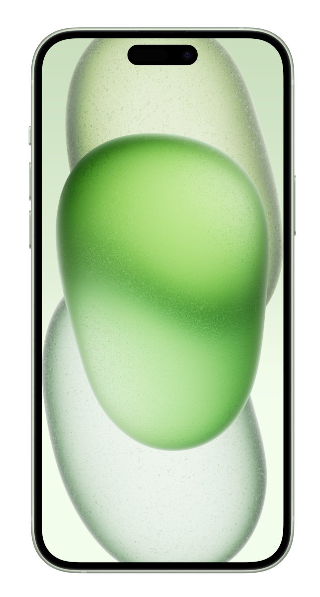 Zielony ekran iPhone'a z pływającymi zielonymi kształtami na jasnym tle.