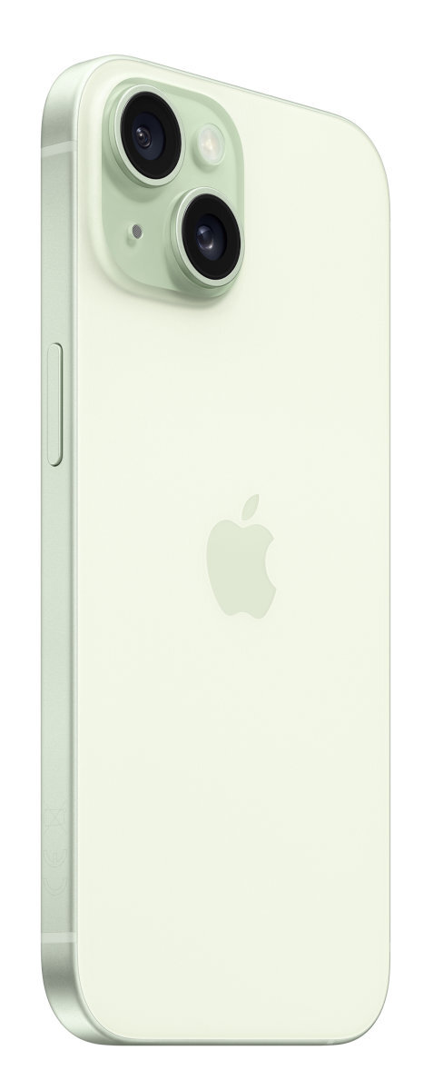 Zielony iPhone 14 Pro, widok z boku, pokazujący obiektywy aparatu i logo Apple.