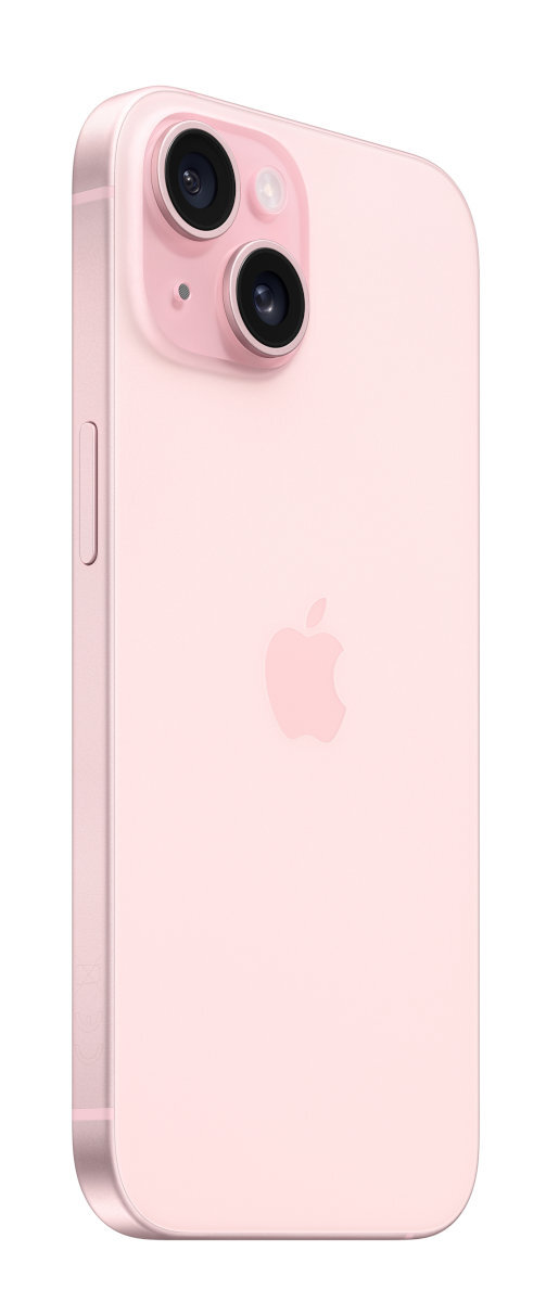 Różowy tył iPhone'a z dwoma aparatami i logo Apple.