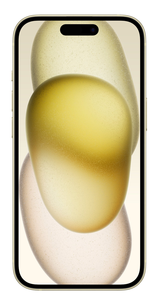 Ekran iPhone'a z abstrakcyjnymi żółtymi kształtami.