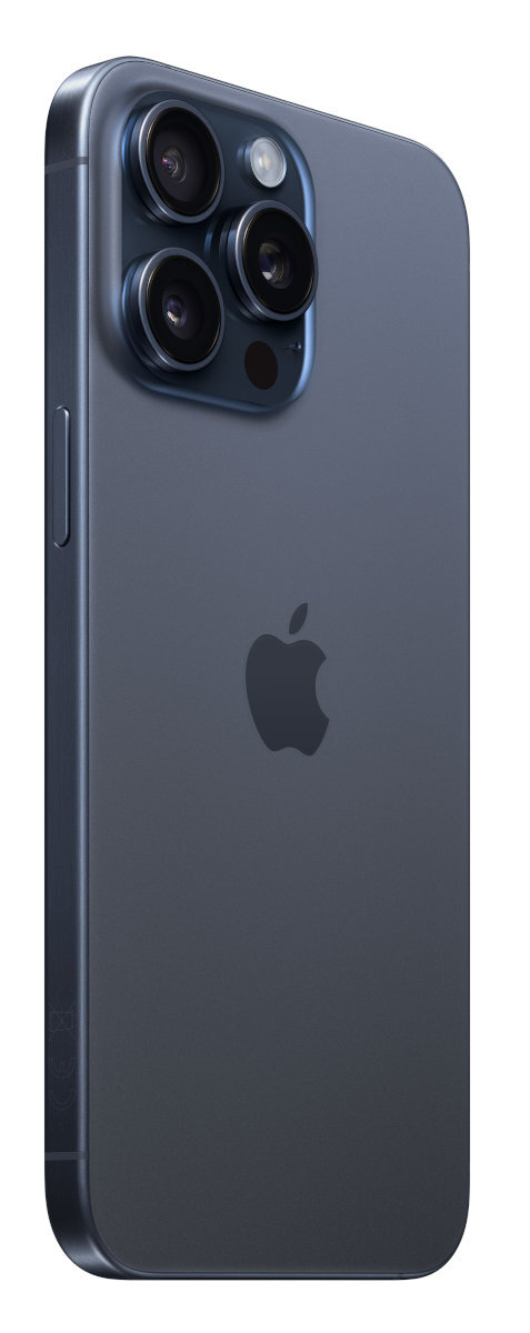 Niebieski iPhone, widziany z boku, pokazujący obiektywy aparatu i logo Apple na białym tle.