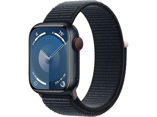 APPLE Watch Series 9 (GPS + Cellular, Alu) 41 mm - Smartwatch (Réglable en continu, Textile (Carbon Neutral), Minuit/Minuit)