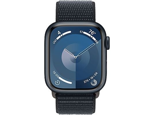 APPLE Watch Series 9 (GPS + Cellular, Alu) 41 mm - Smartwatch (Réglable en continu, Textile (Carbon Neutral), Minuit/Minuit)