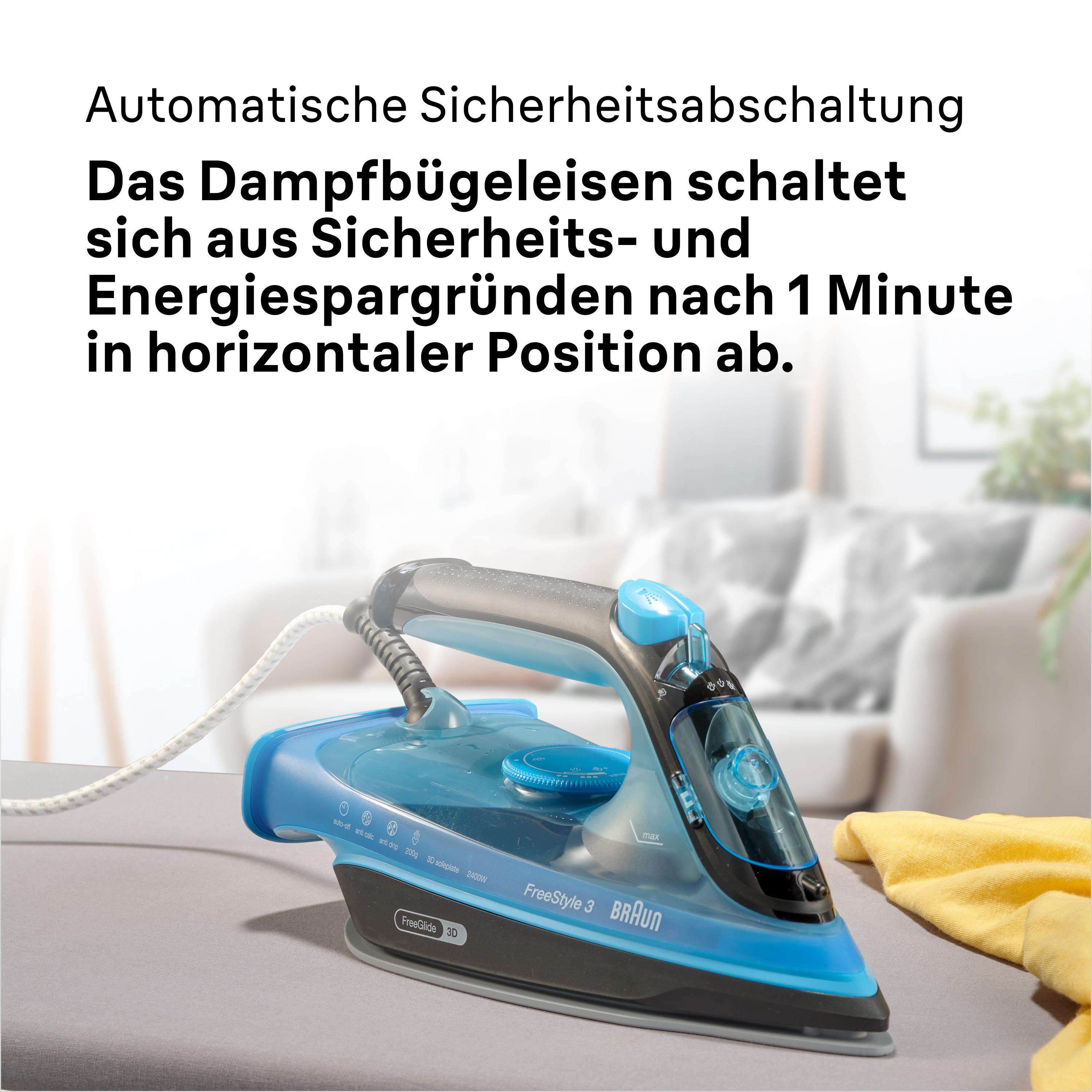 Blaues Bügeleisen auf Tisch, Text über automatische Sicherheitsabschaltung.