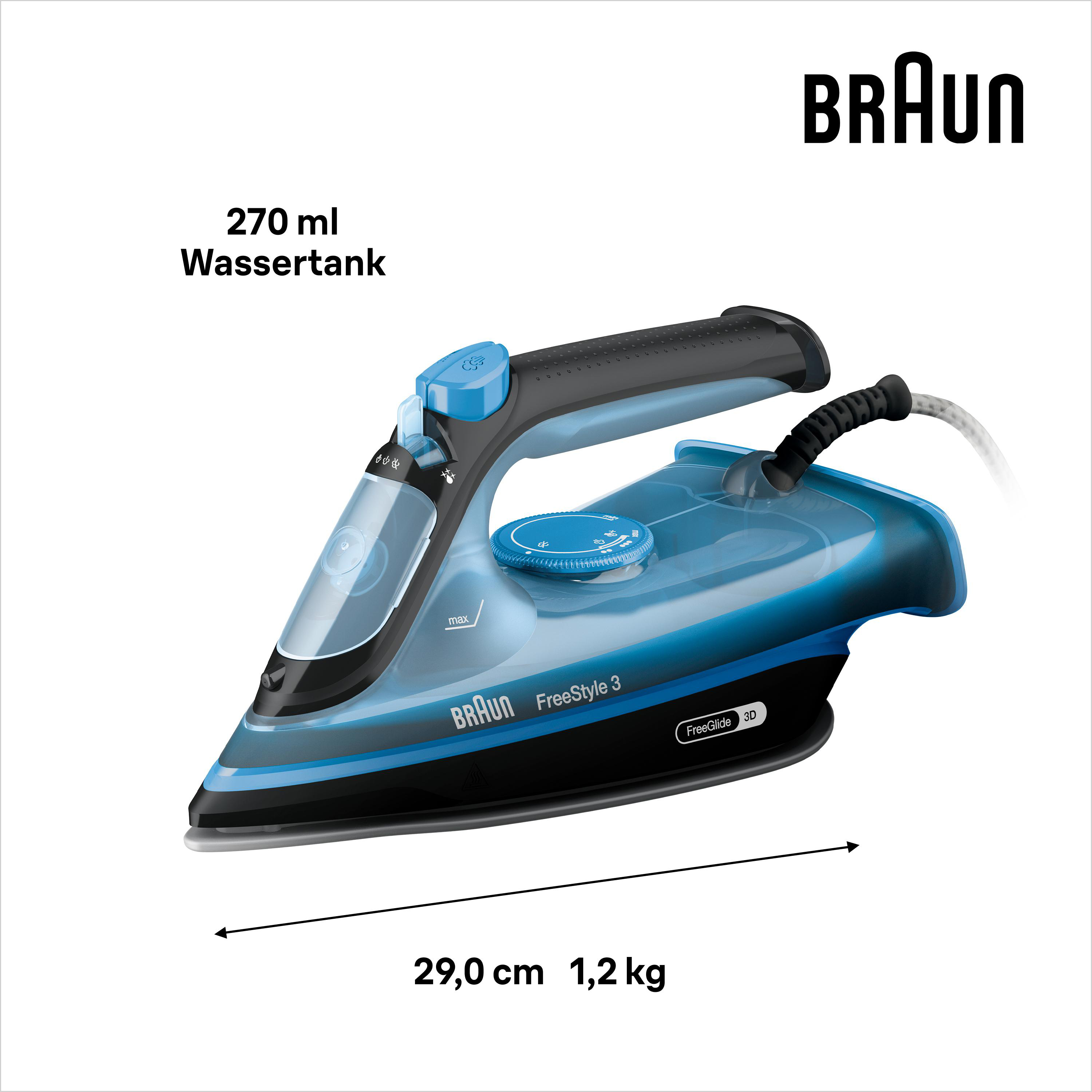 Ein Bügeleisen von Braun, blau und schwarz, mit einem Wassertank von 270 ml. Die Größe beträgt 29,0 cm und 1,2 kg.