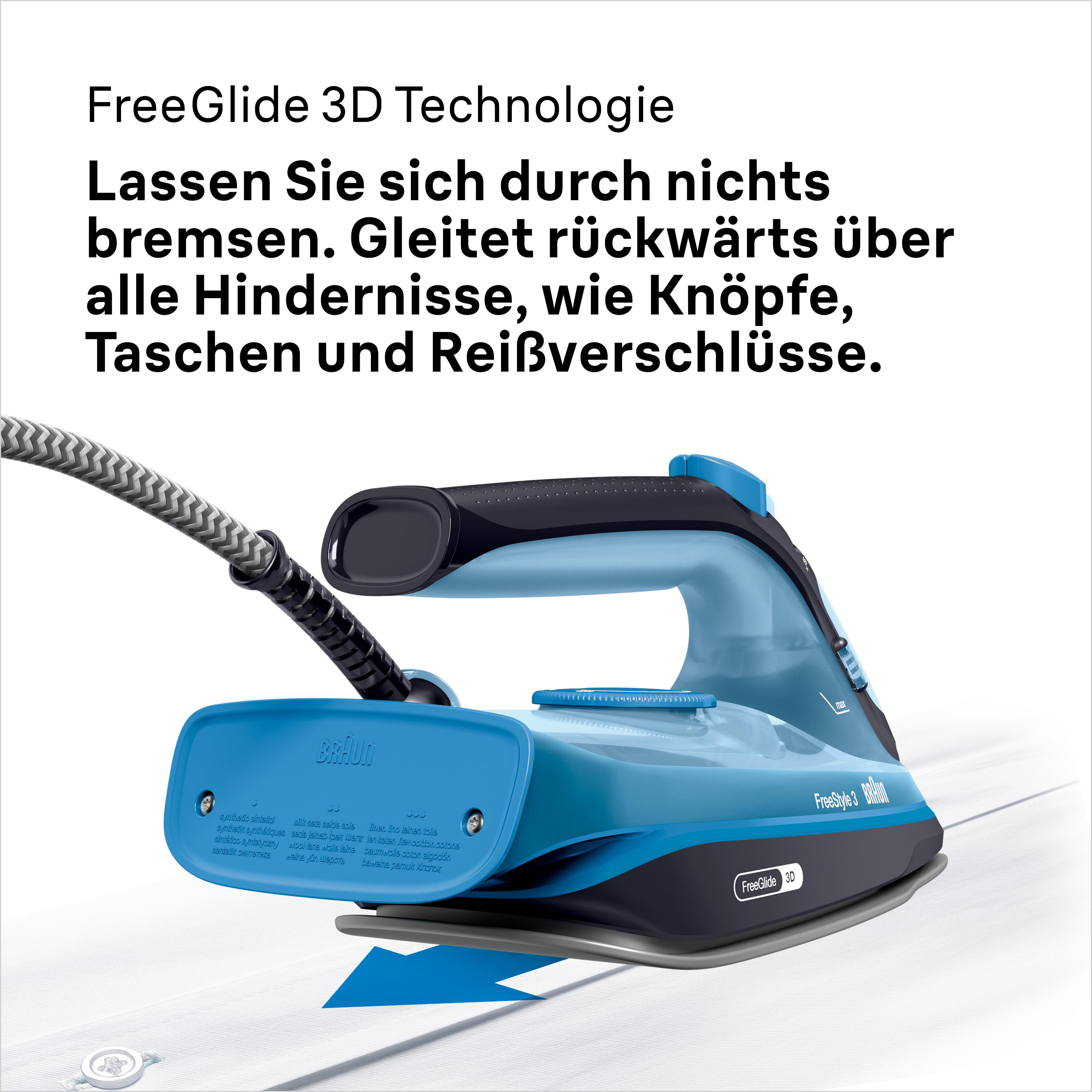 Blaues und schwarzes Bügeleisen mit Text. Weiße Oberfläche mit Pfeil. Blaues Bügeleisen mit schwarzem Griff.