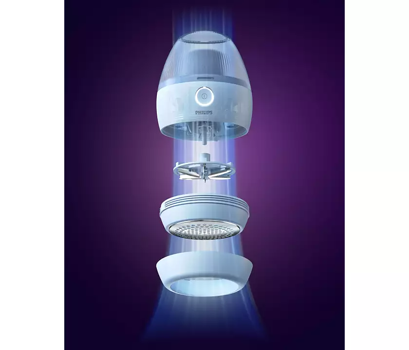 Egy Philips készülék robbantott ábrája, a komponenseket mutatva. Lila háttér előtt.
