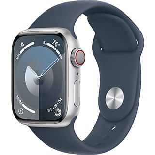 APPLE Watch Series 9 (GPS + Cellular, alluminio) 41 mm - Smartwatch (S/M 130-180 mm, Fluoroelastomero, Argento/blu tempesta)