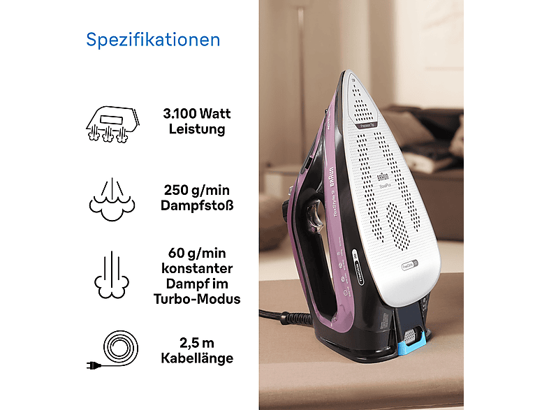 BRAUN TexStyle 9 SI 9661 VI, Dampfstoß 250 g/min, FreeGlide 3D, iCare Temperaturanpassung, leichtes Bügeln, einfache Befüllung, vertikale Auffrischung, Dampfbügeleisen (3100 Watt, Keramiksohle, EloxalPlus Beschichtung)