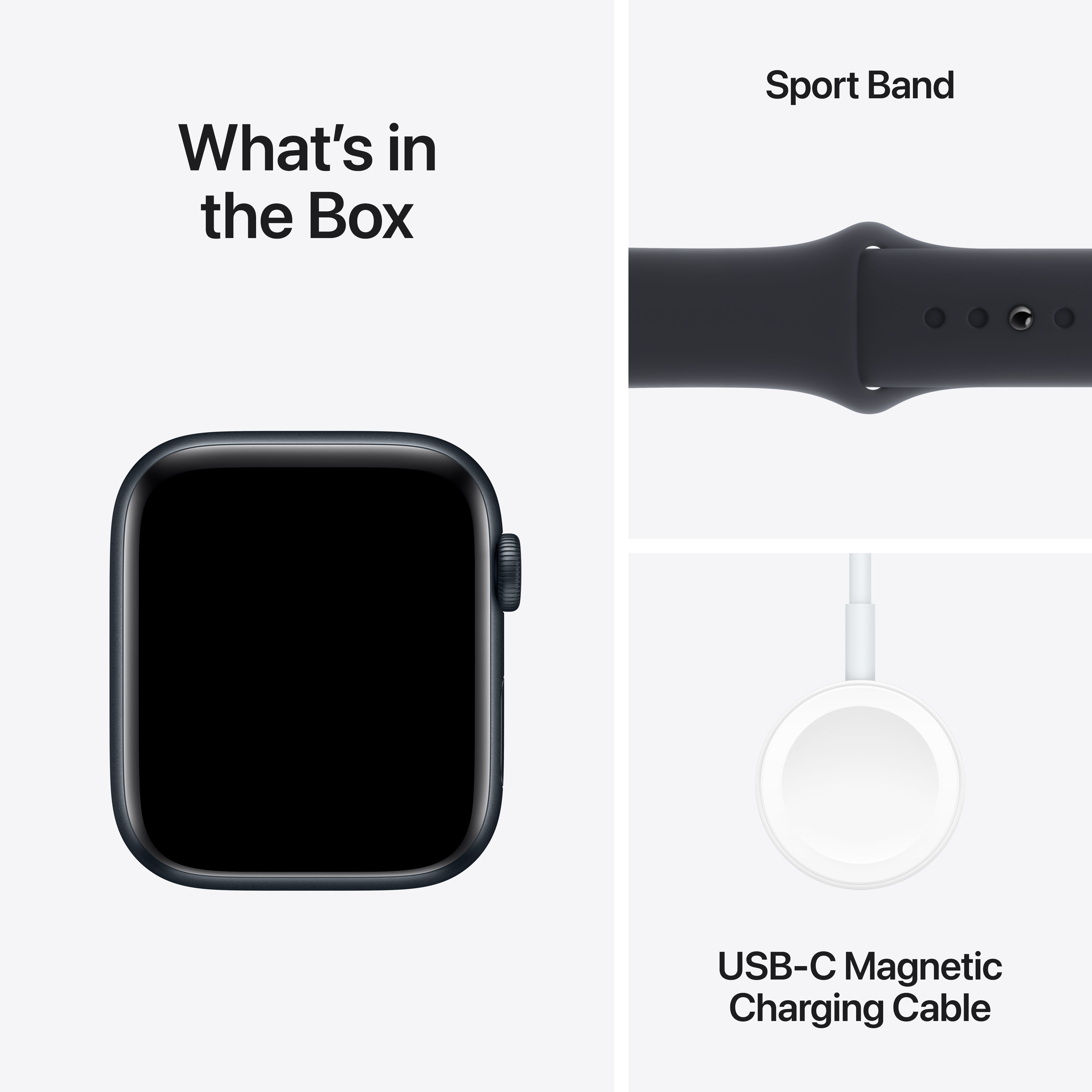 Apple Watch, câble de charge et bracelet sport sur fond blanc. Texte : 'Qu'y a-t-il dans la boîte'.