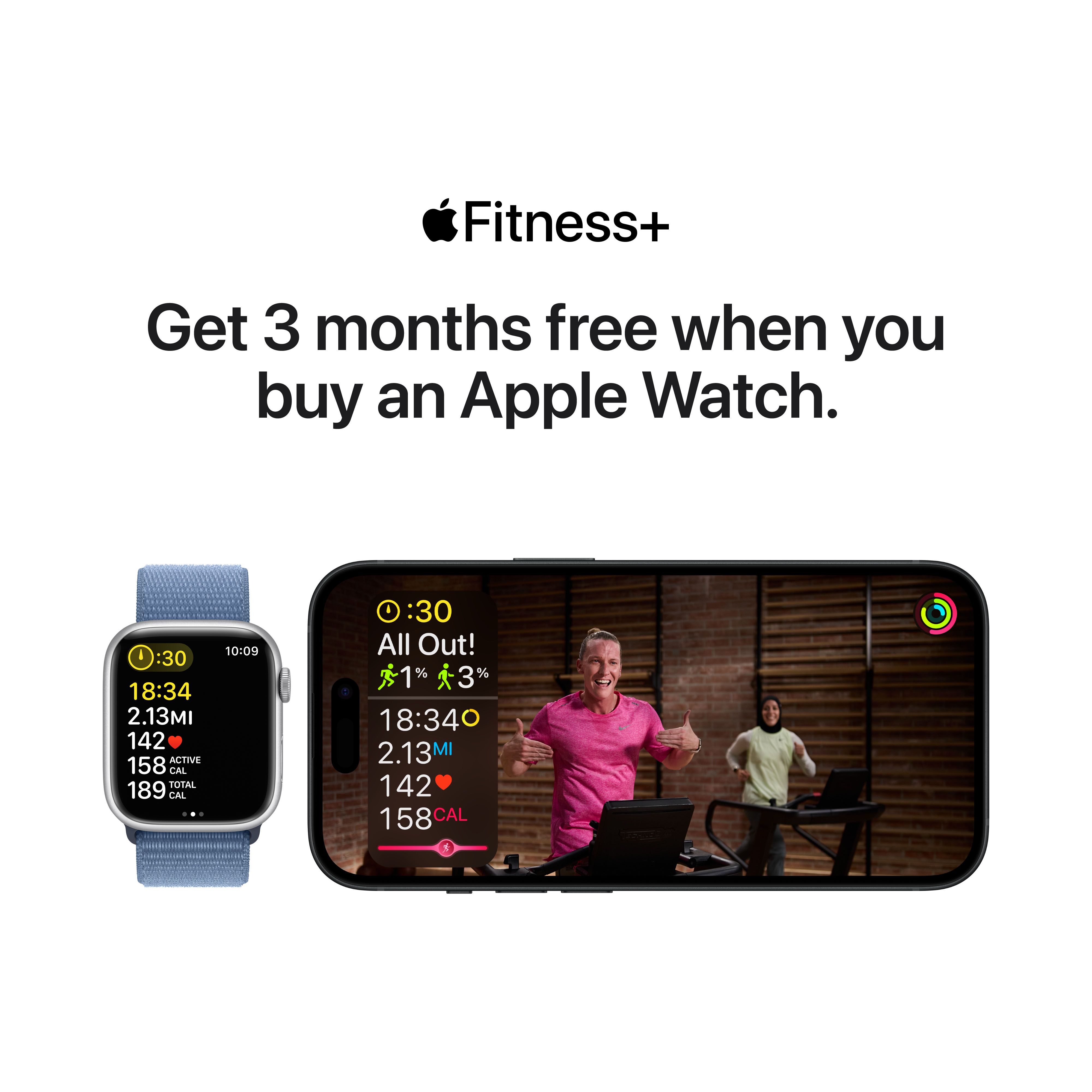 Apple Watch et iPhone affichent les données d'entraînement. Logo Fitness+ en haut. Texte : 3 mois gratuits.