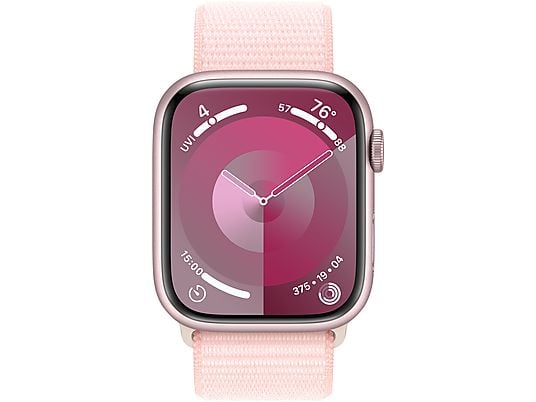APPLE Watch Series 9 (GPS, Alu) 45 mm - Smartwatch (Réglable en continu, Textile (Carbon Neutral), Rosé/Rose clair)