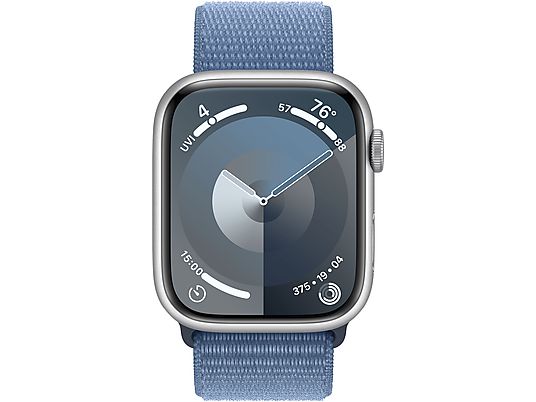 APPLE Watch Series 9 (GPS, Alu) 45 mm - Smartwatch (Stufenlos verstellbar, Textil (Carbon Neutral), Silber/Winterblau)