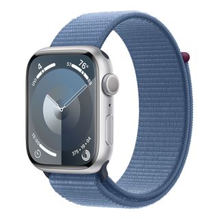 APPLE Watch Series 9 (GPS, Alu) 45 mm - Smartwatch (Réglable en continu, Textile (Carbon Neutral), Argent/Bleu hivernal)