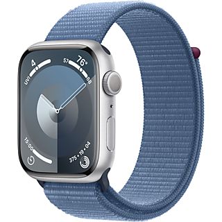 APPLE Watch Series 9 (GPS, Alu) 45 mm - Smartwatch (Réglable en continu, Textile (Carbon Neutral), Argent/Bleu hivernal)