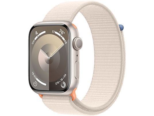 APPLE Watch Series 9 (GPS, Alu) 45 mm - Smartwatch (Réglable en continu, Textile (Carbon Neutral), Étoile polaire/Étoile polaire)