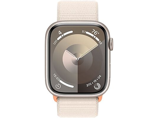 APPLE Watch Series 9 (GPS, Alu) 45 mm - Smartwatch (Stufenlos verstellbar, Textil (Carbon Neutral), Polarstern/Polarstern)