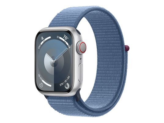 APPLE Watch Series 9 (GPS + Cellular, Alu) 41 mm - Smartwatch (Réglable en continu, Textile (Carbon Neutral), Argent/Bleu hivernal)