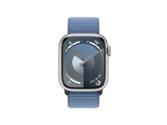 APPLE Watch Series 9 (GPS + Cellular, Alu) 41 mm - Smartwatch (Réglable en continu, Textile (Carbon Neutral), Argent/Bleu hivernal)
