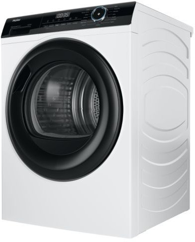 A white Haier washing machine, black door and control panel with a digital display.