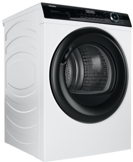 White Haier washing machine with a black door and control panel. White body, black trim.