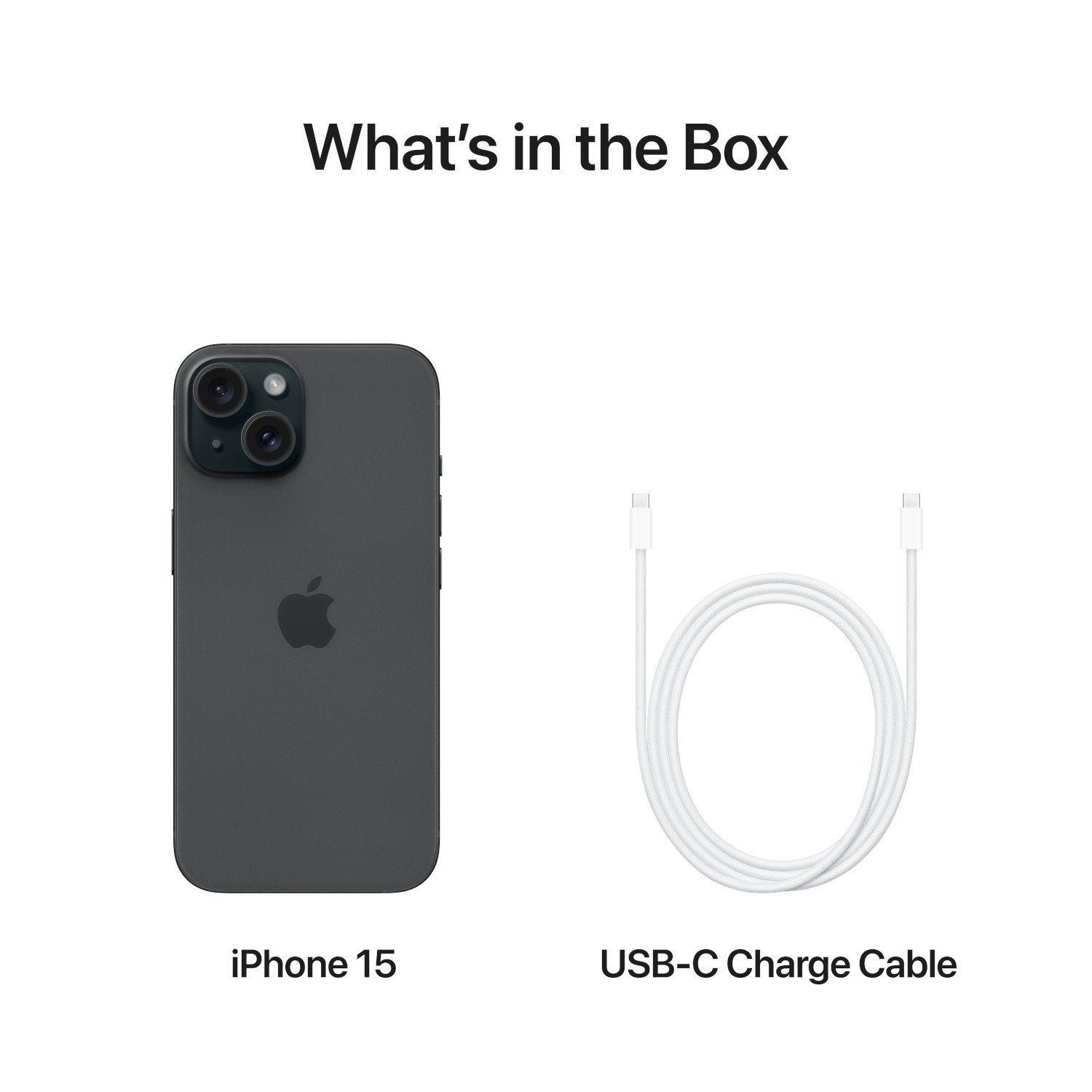 Een iPhone 15 en een USB-C-oplaadkabel worden weergegeven op een witte achtergrond.