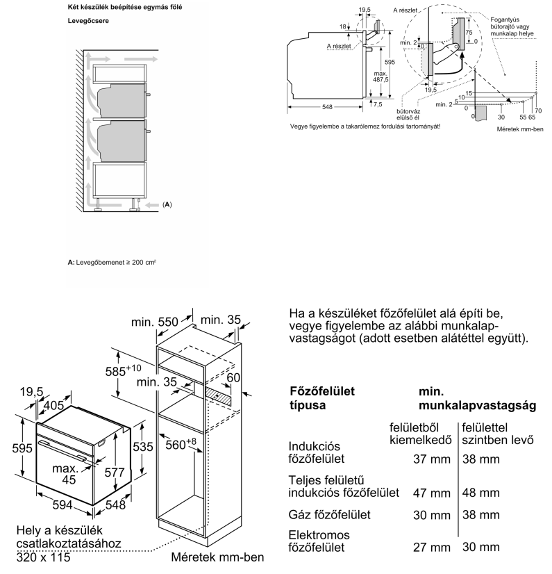 Sütő műszaki rajzai, méretekkel és telepítési diagramokkal a különböző beállításokhoz.
