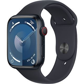 APPLE Watch Series 9 (GPS + Cellular, alluminio) 45 mm - Smartwatch (S/M 140-190 mm, Fluoroelastomero, Mezzanotte/Midnight)