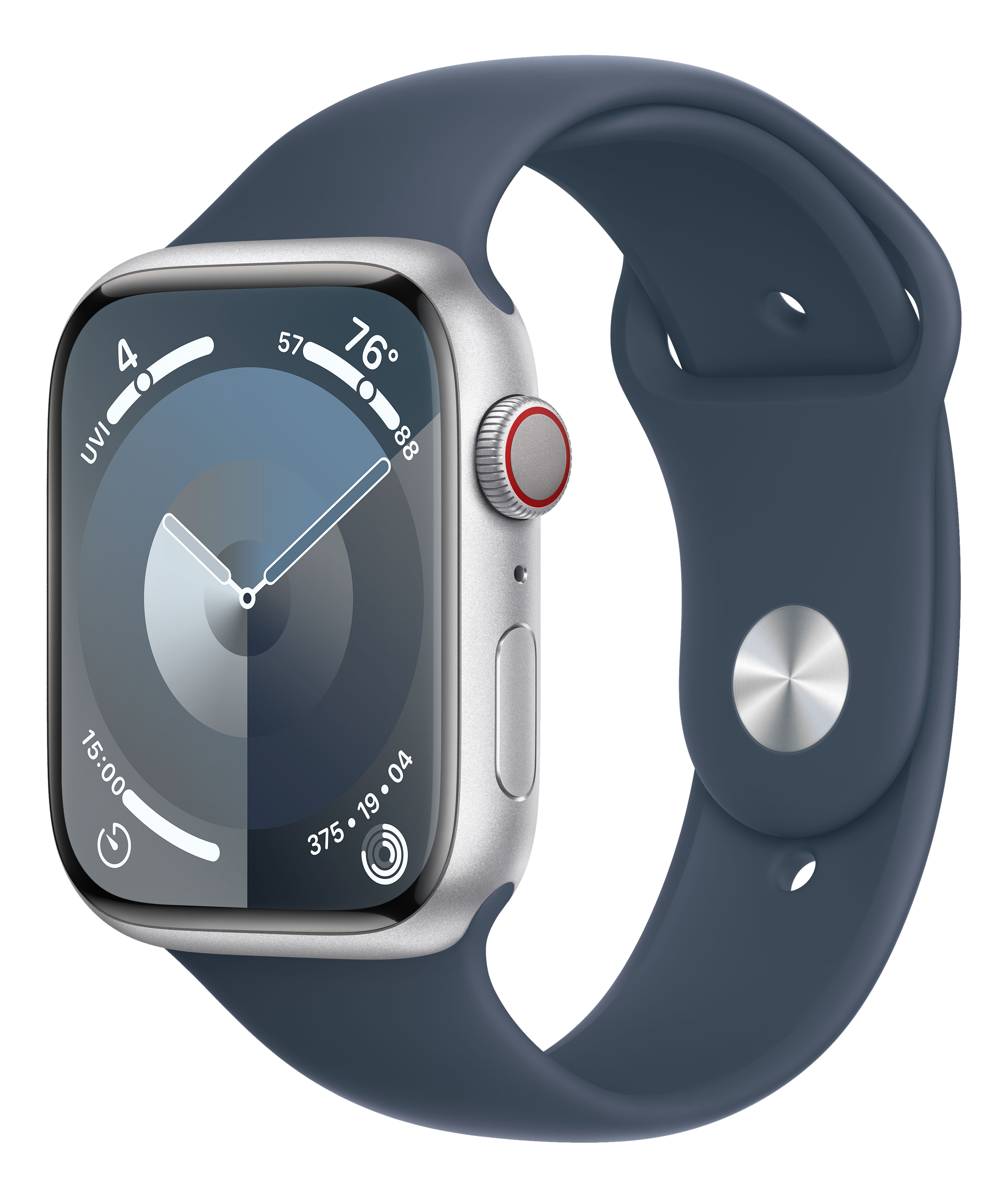 APPLE Watch Series 9 (GPS + Cellular, alluminio) 45 mm - Smartwatch (S/M 140-190 mm, fluoroelastomero, argento/blu tempesta)