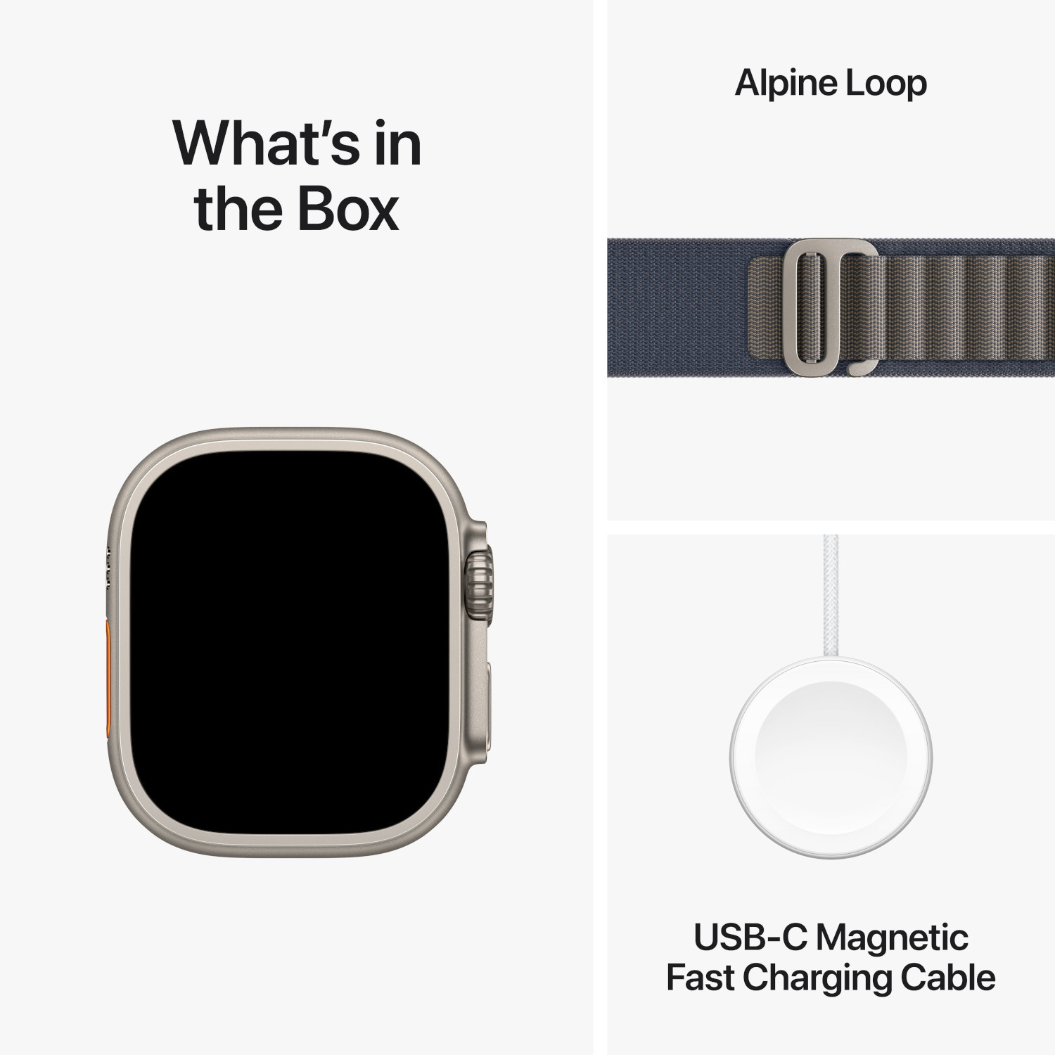 Een Apple Watch Ultra, Alpine Loop-band en een oplaadkabel, allemaal op een witte achtergrond.
