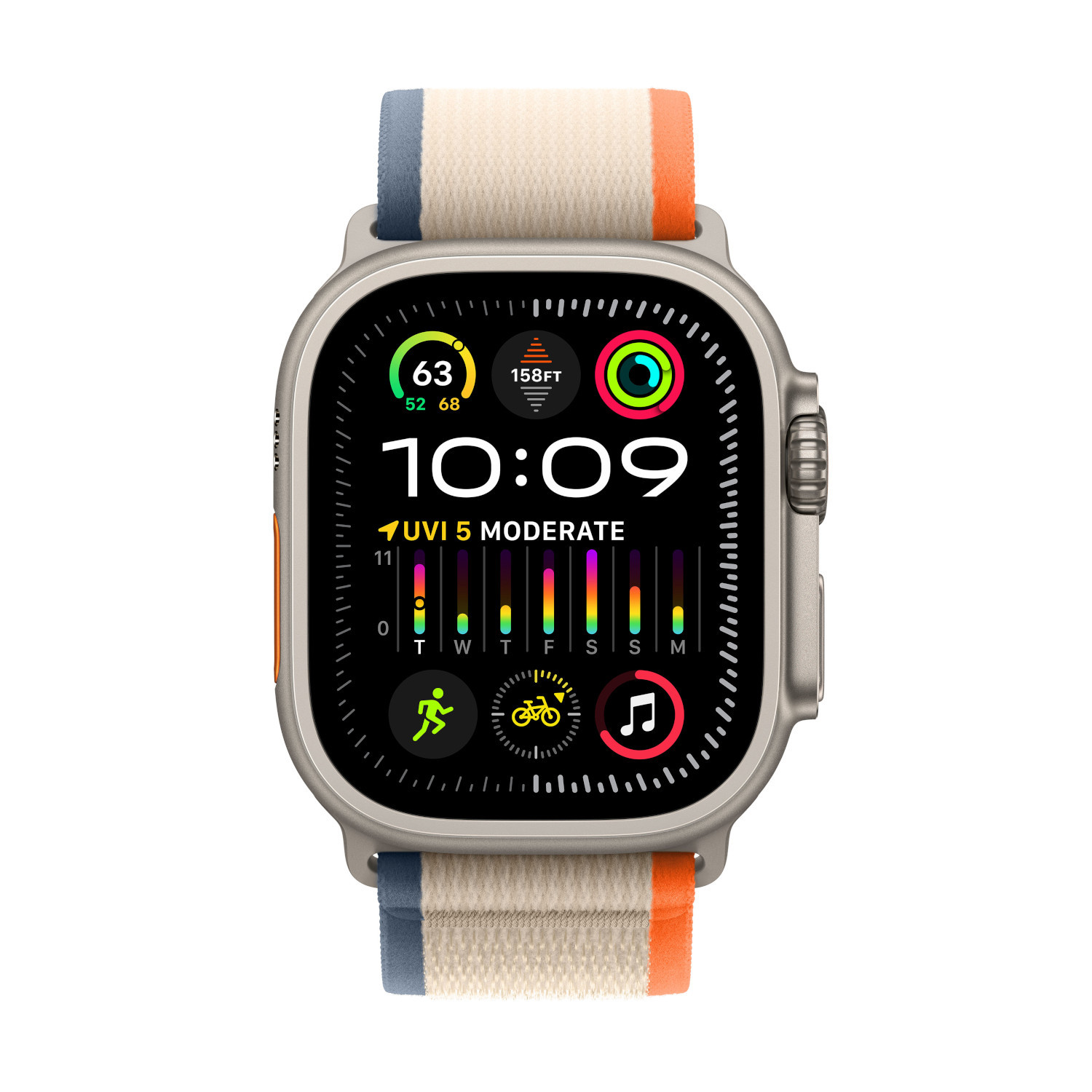 Apple Watch Ultra: zilveren kast, kleurrijke band en een wijzerplaat met weergegeven gegevens.