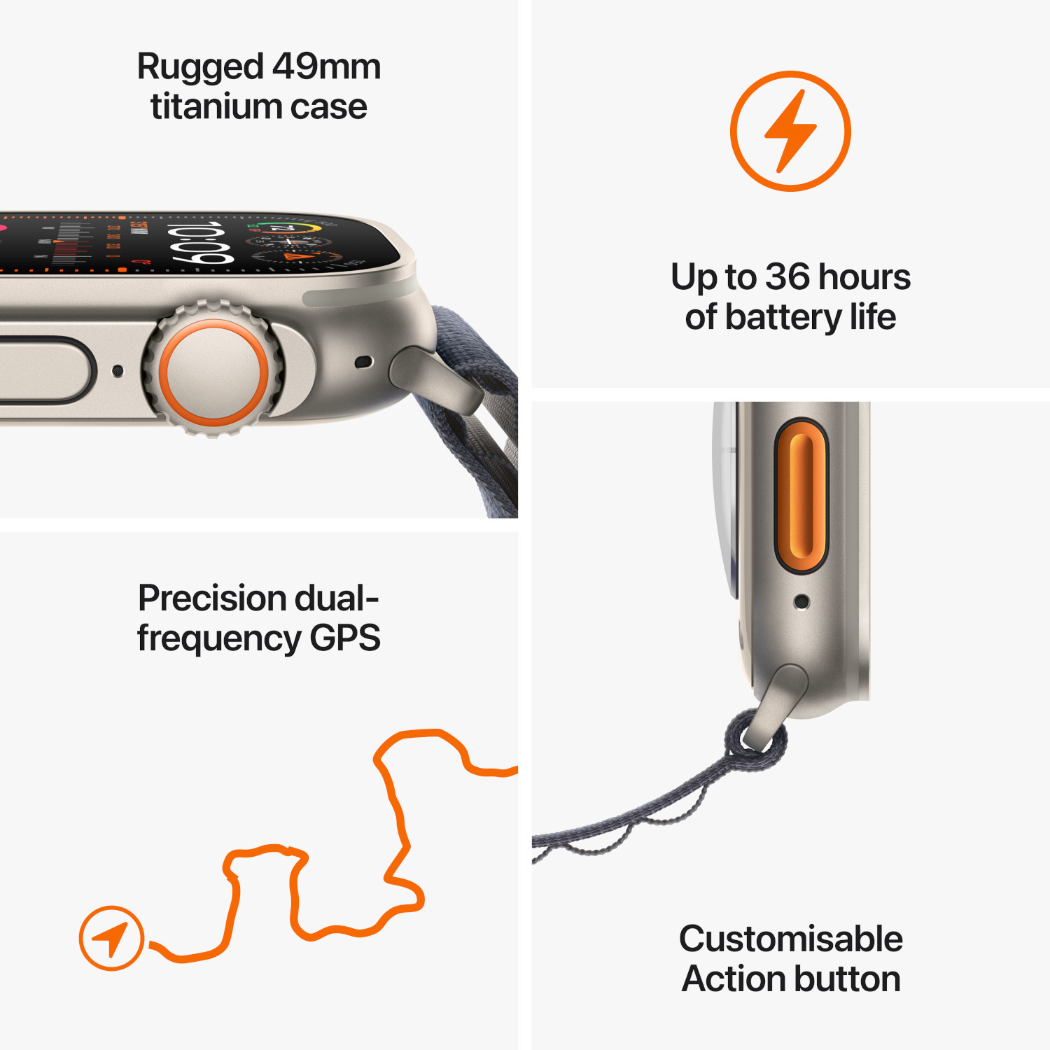 Close-up van Apple Watch Ultra functies: behuizing, GPS en actieknop.